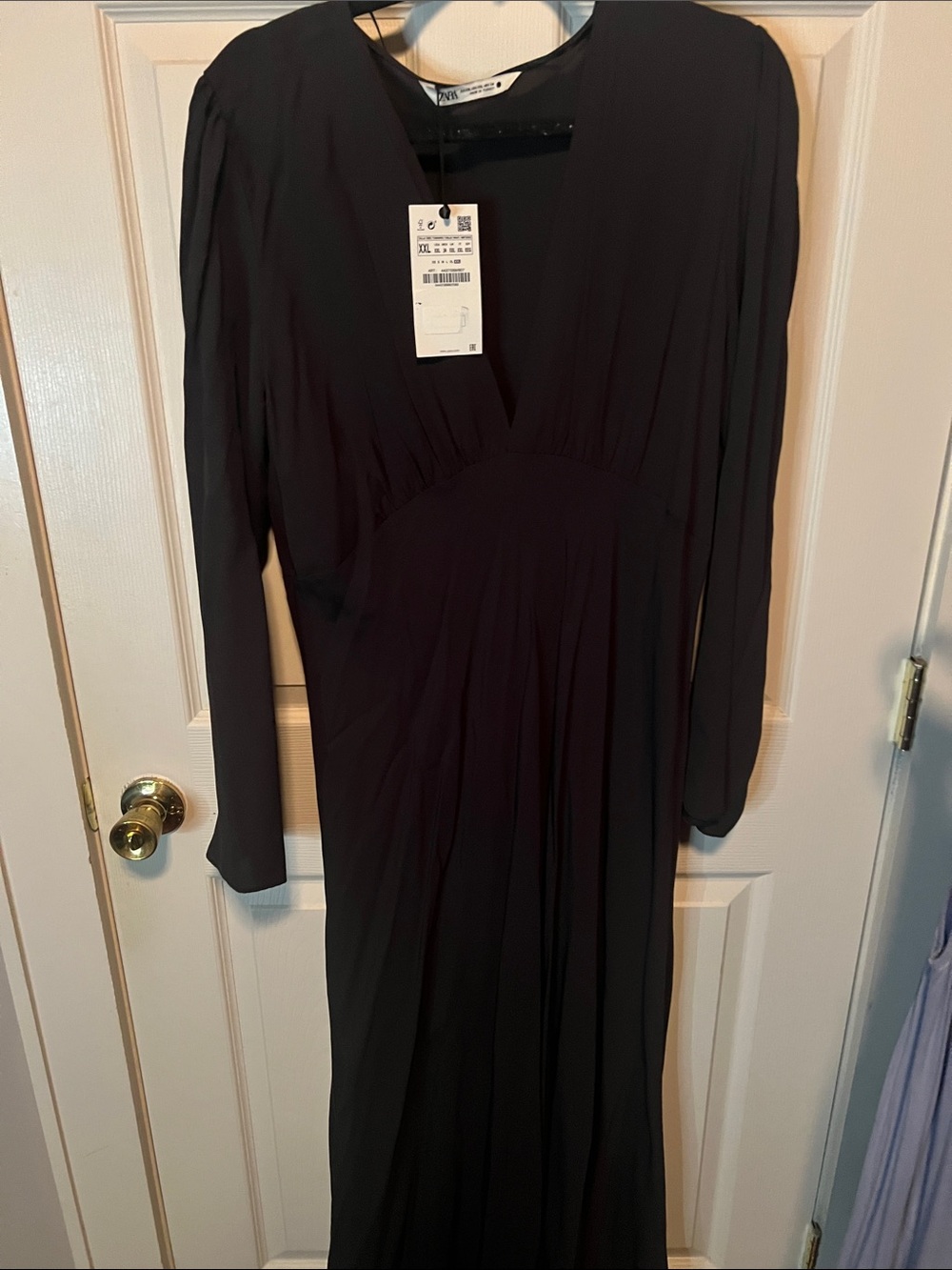 Zara Black Long Sleeve V‑Neck Maxi Dress with Gathered Waist